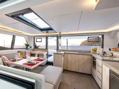Salon of Leopard 45, a catamaran at Piraeus, Greece