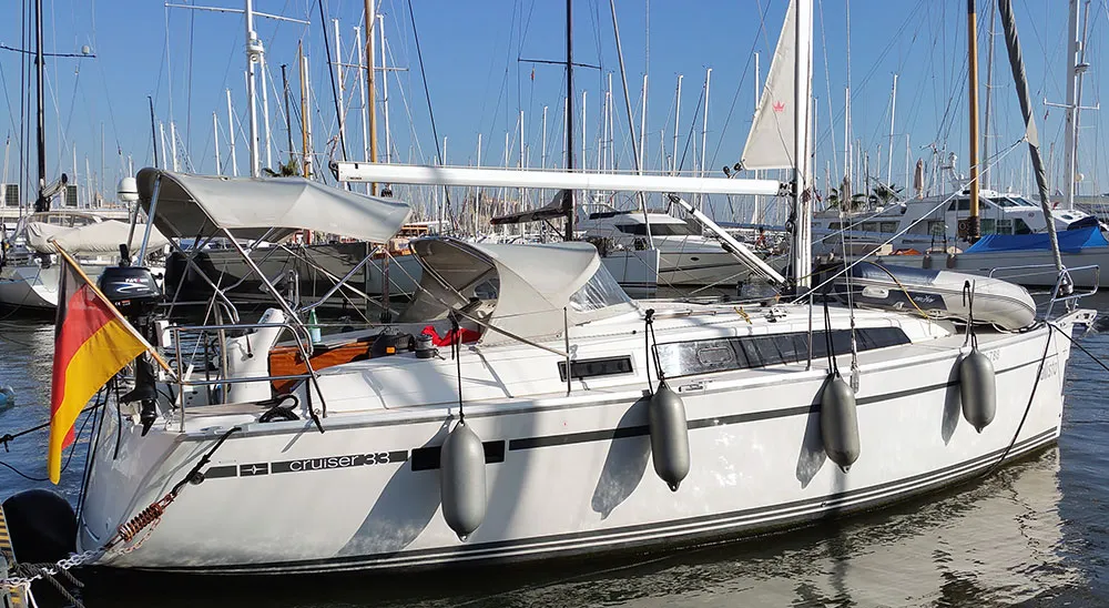 Exterior view of Callisto, a Bavaria Cruiser 33 sailboat at Llucmajor, Spain