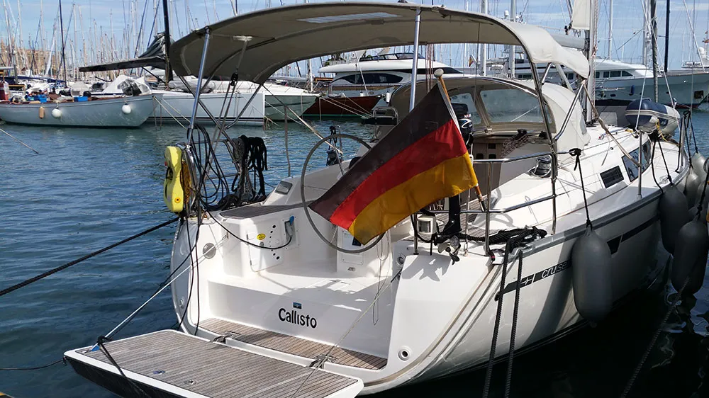 Exterior view of Callisto, a Bavaria Cruiser 33 sailboat at Llucmajor, Spain