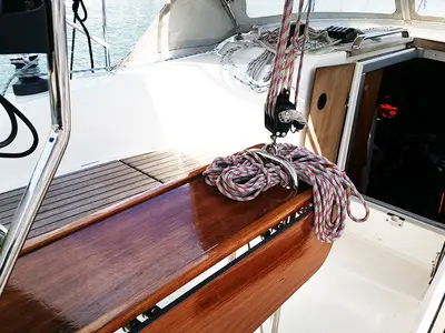 Deck of Callisto, a Bavaria Cruiser 33 sailboat at Llucmajor, Spain