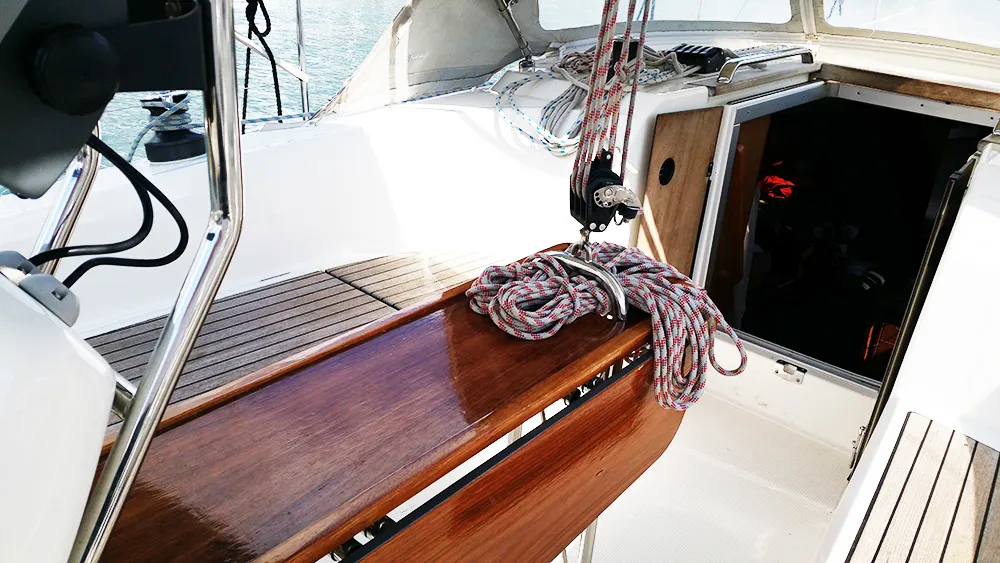Deck of Callisto, a Bavaria Cruiser 33 sailboat at Llucmajor, Spain