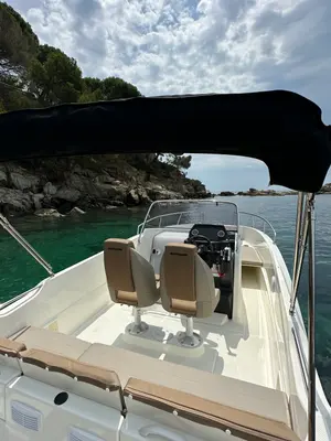 Deck of Firulais, a Quicksilver Activ 675 Open motorboat at Roses, Spain