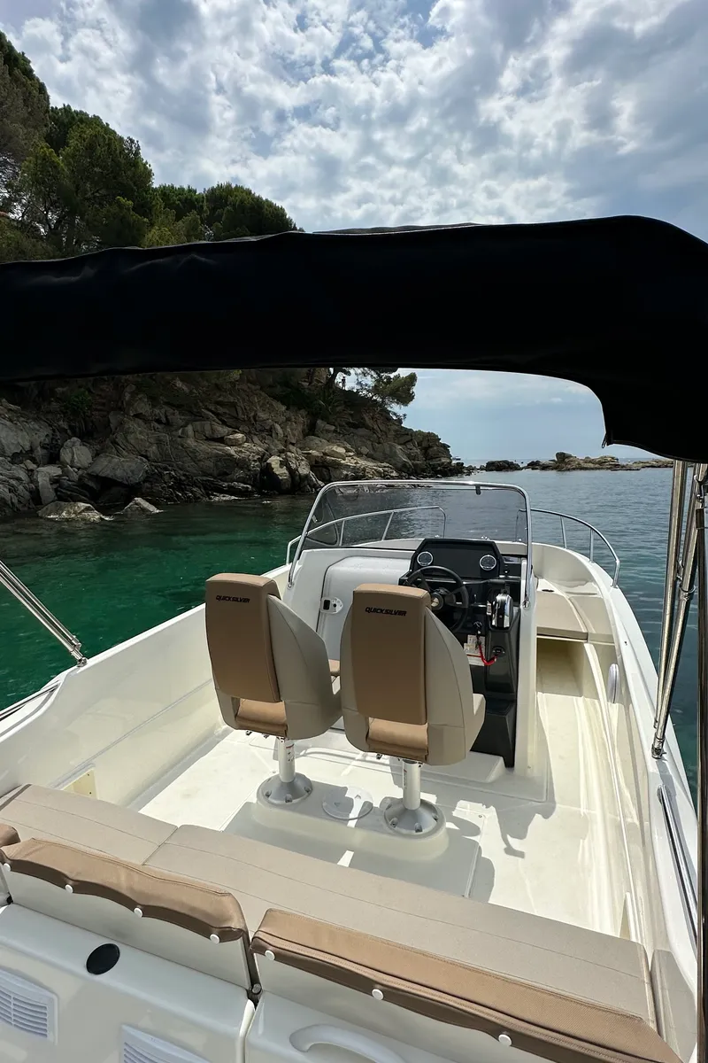 Deck of Firulais, a Quicksilver Activ 675 Open motorboat at Roses, Spain