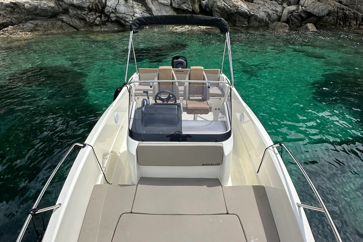 Deck of Firulais, a Quicksilver Activ 675 Open motorboat at Roses, Spain