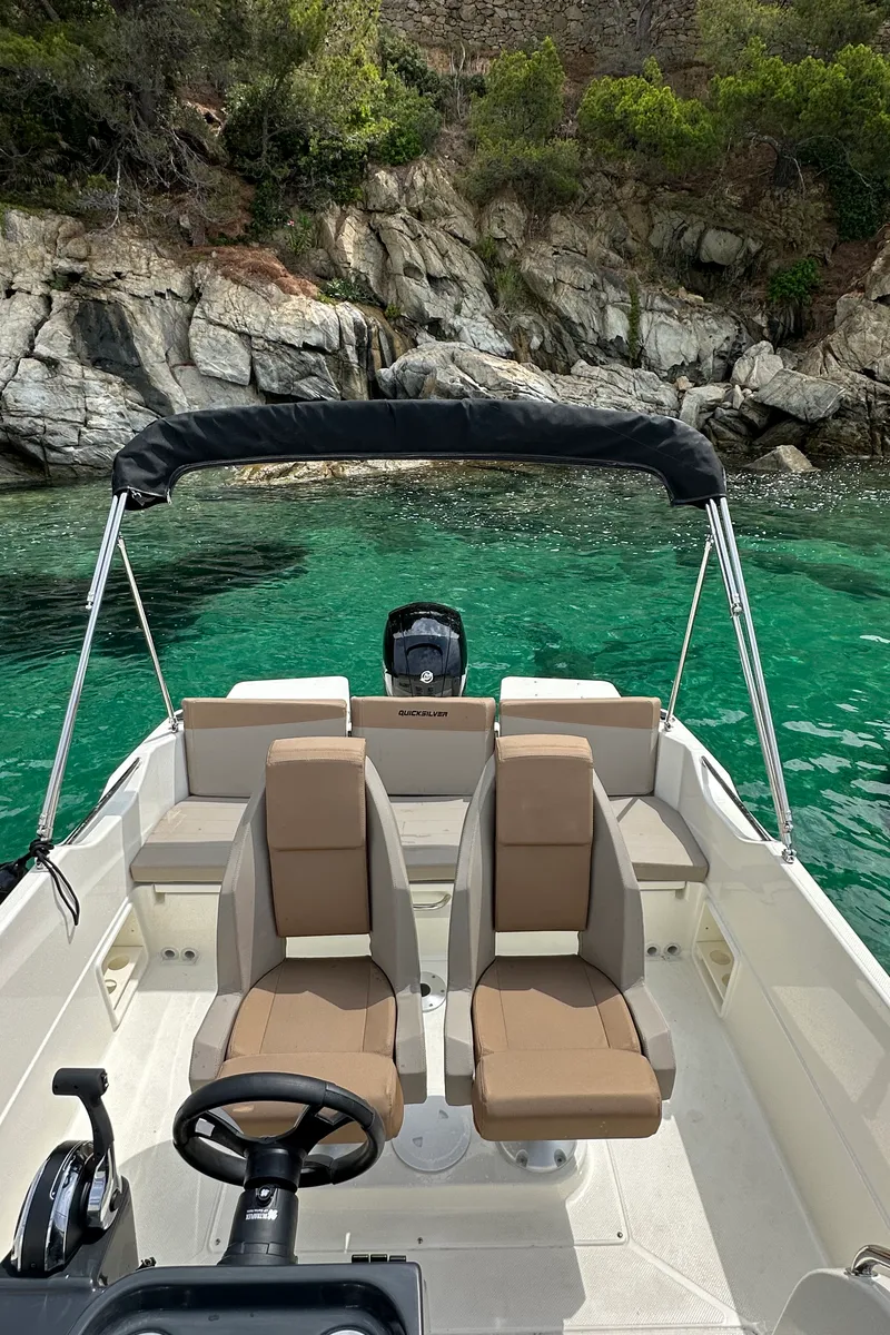 Deck of Firulais, a Quicksilver Activ 675 Open motorboat at Roses, Spain