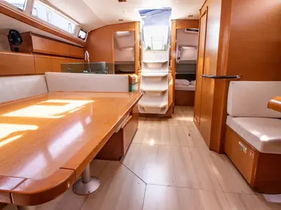 Salon of Dimitra, a Jeanneau Sun Odyssey 449 sailboat at Sikyona, Greece