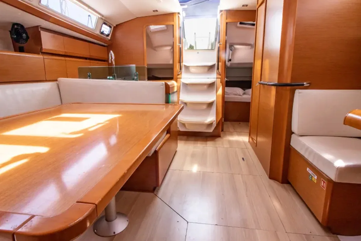 Salon of Dimitra, a Jeanneau Sun Odyssey 449 sailboat at Sikyona, Greece