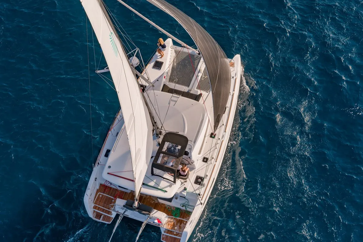 Exterior view of Pina Colada, a Lagoon 40 catamaran at Roche Caiman, Seychelles