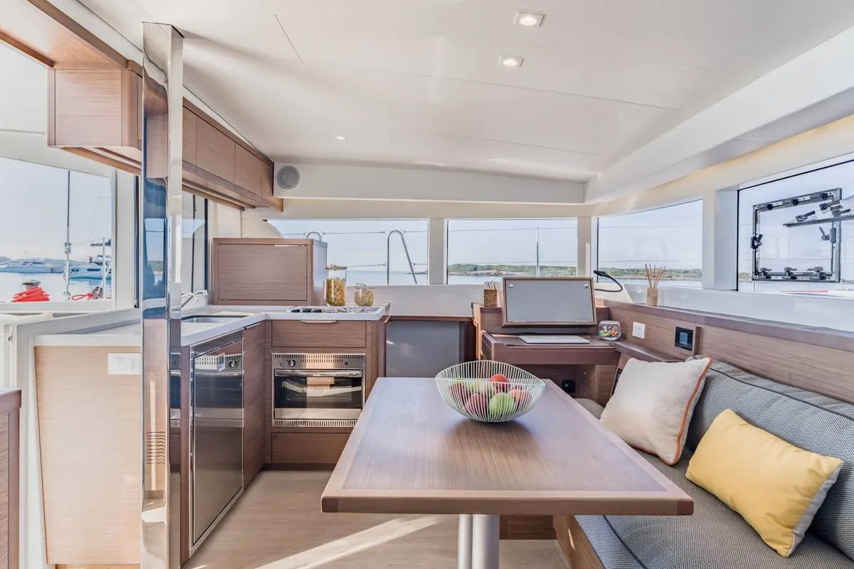 Salon of Pina Colada, a Lagoon 40 catamaran at Roche Caiman, Seychelles