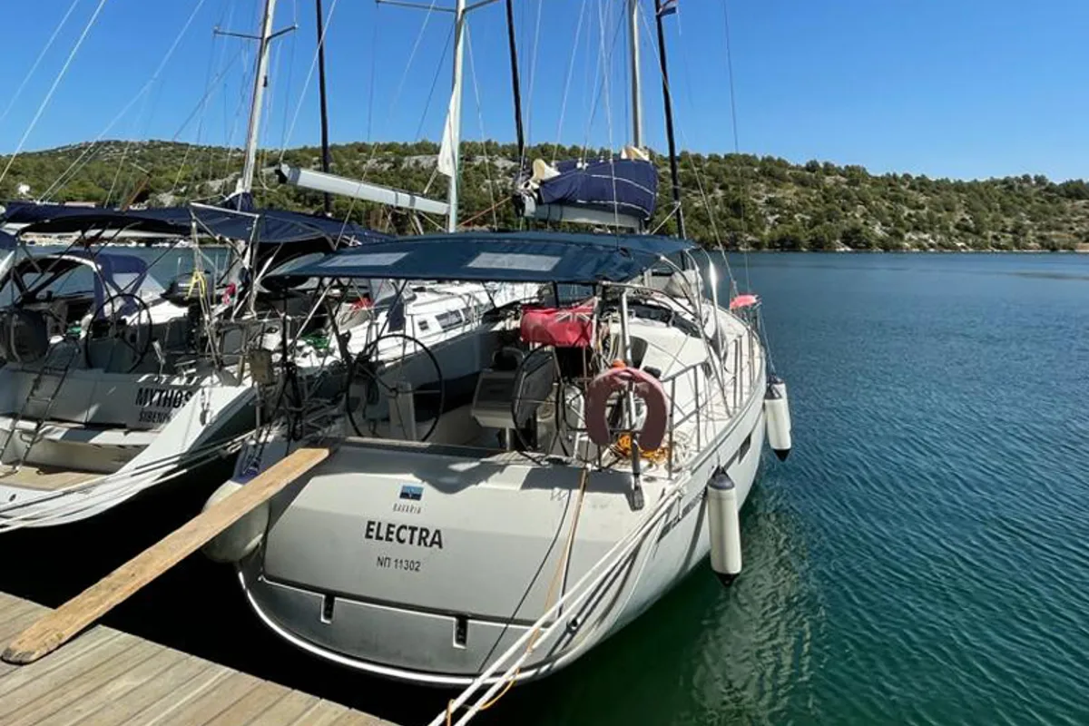Exterior view of Electra, a Bavaria 41 sailboat at Pylaros, Greece