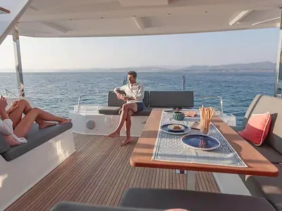Deck of Maloja, a Fountaine Pajot Isla 40 catamaran at es Jonquet, Spain