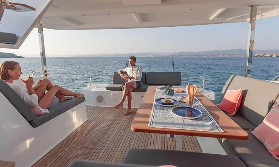 Deck of Maloja, a Fountaine Pajot Isla 40 catamaran at es Jonquet, Spain