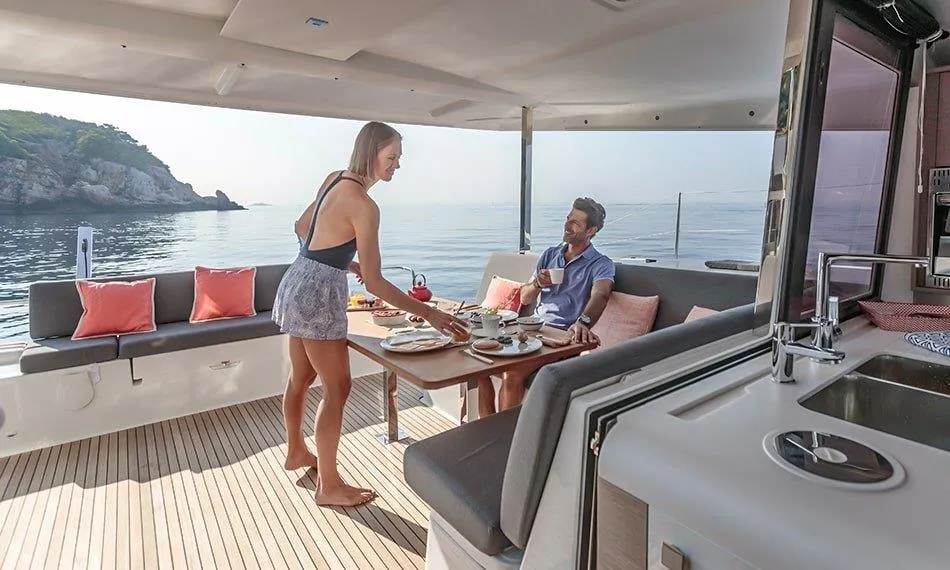 Deck of Maloja, a Fountaine Pajot Isla 40 catamaran at es Jonquet, Spain