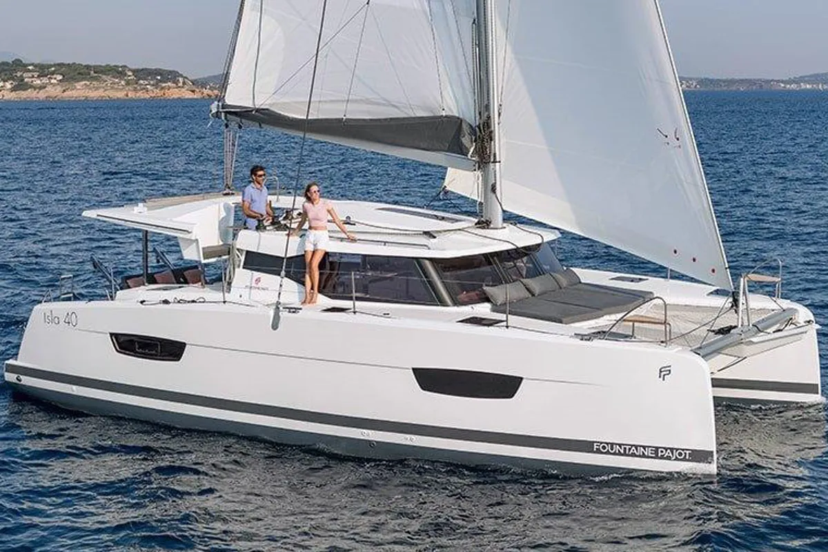 Exterior view of Maloja, a Fountaine Pajot Isla 40 catamaran at es Jonquet, Spain