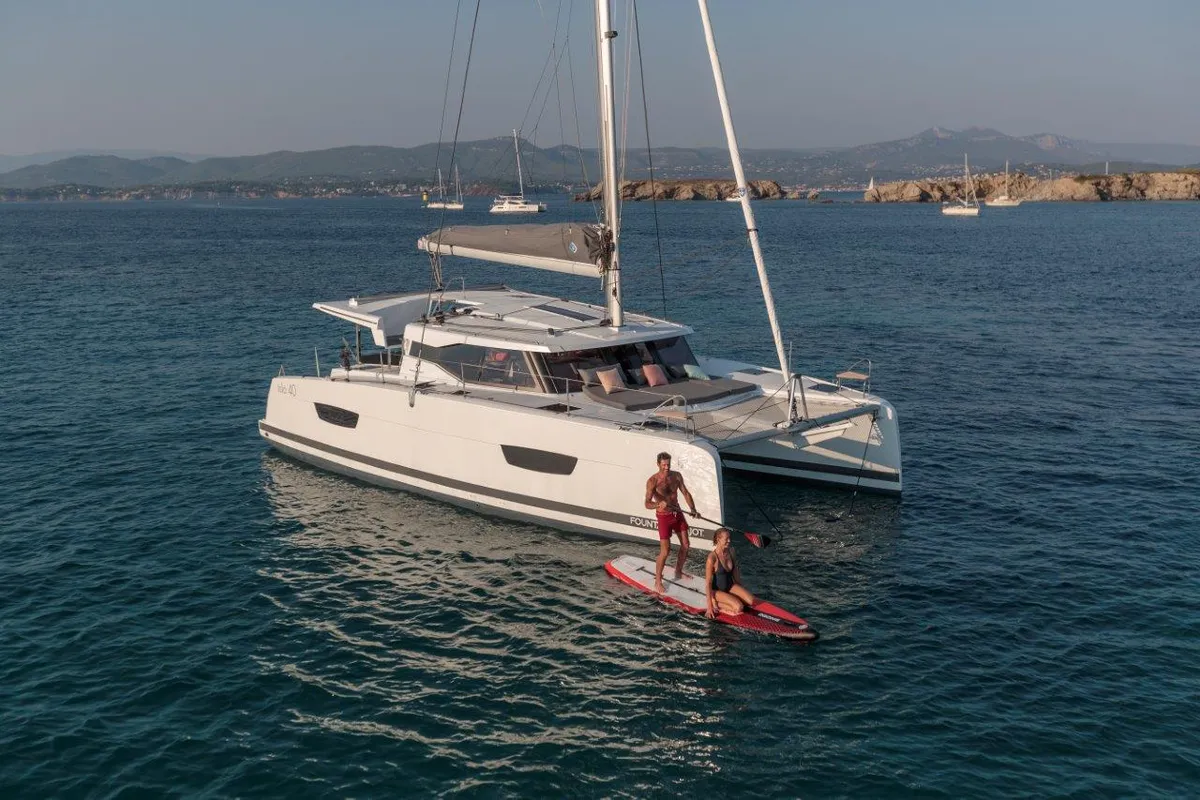 Exterior view of Maloja, a Fountaine Pajot Isla 40 catamaran at es Jonquet, Spain