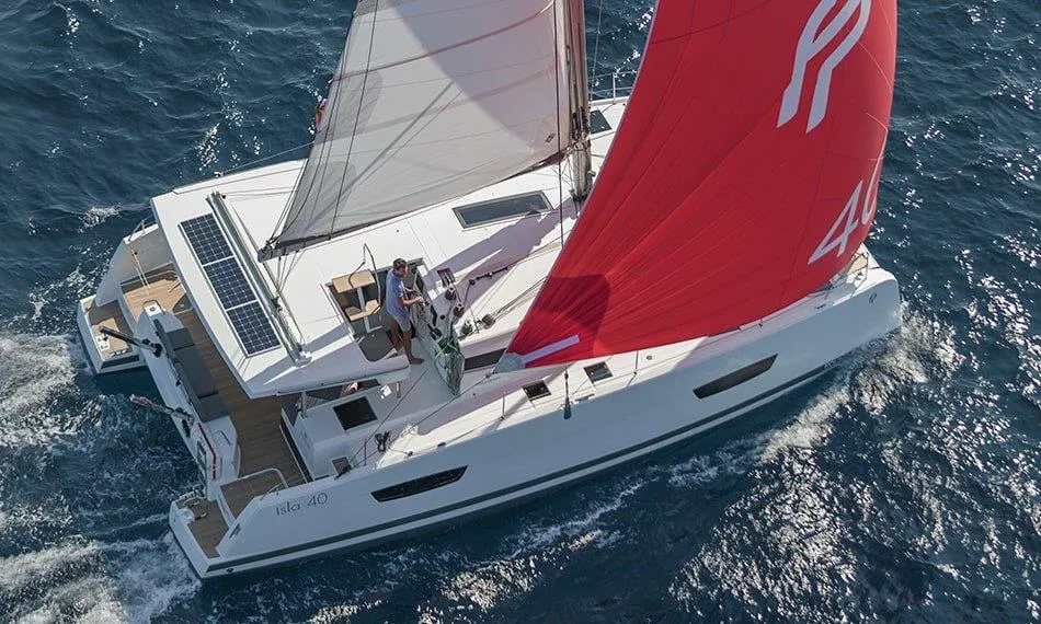 Exterior view of Maloja, a Fountaine Pajot Isla 40 catamaran at es Jonquet, Spain