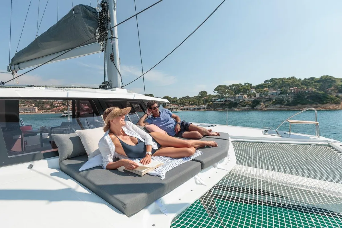 Deck of Maloja, a Fountaine Pajot Isla 40 catamaran at es Jonquet, Spain