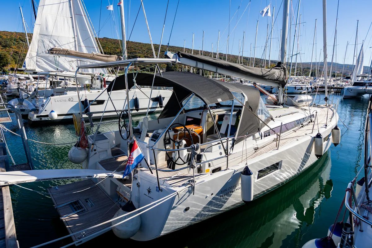 Exterior view of Ikarus, a Jeanneau Sun Odyssey 440 sailboat at Punat, Croatia