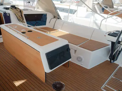 Cockpit of ARMONIA, a Dufour 430 sailboat at Skiathos, Greece