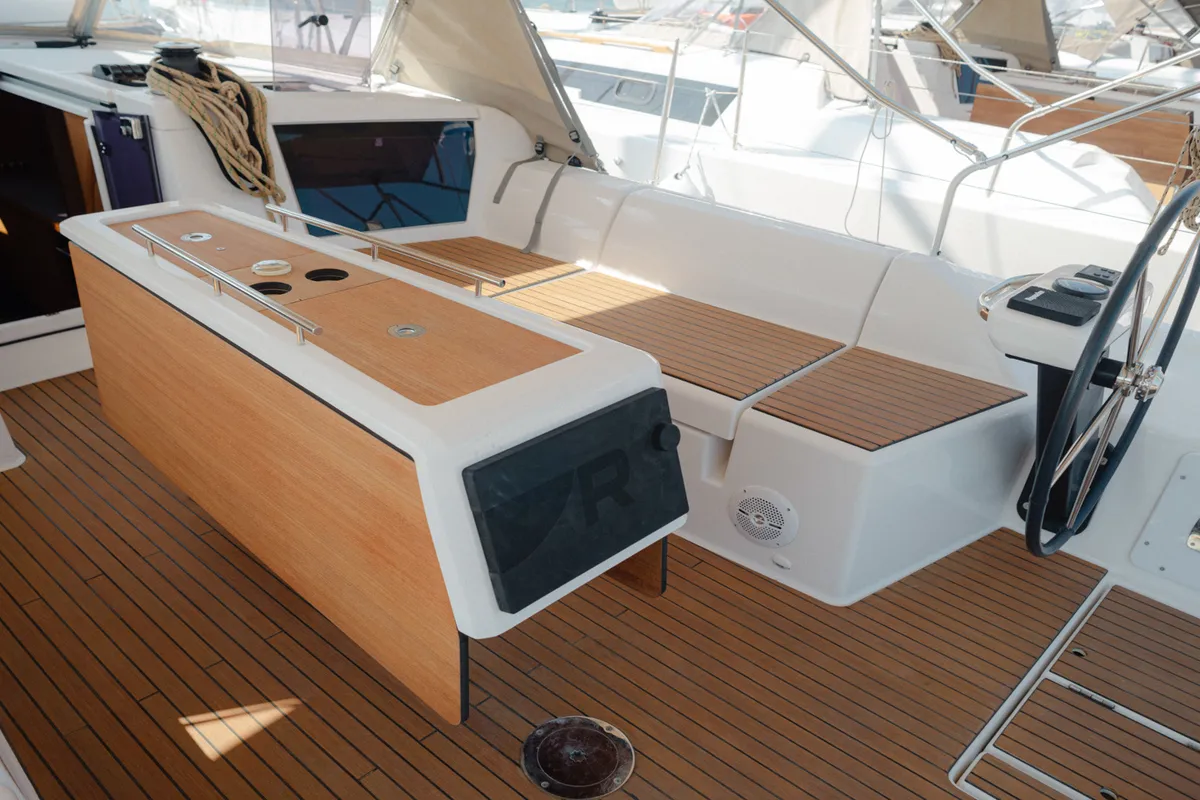 Cockpit of ARMONIA, a Dufour 430 sailboat at Skiathos, Greece