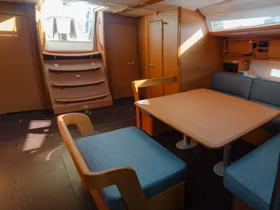 Salon of ARMONIA, a Dufour 430 sailboat at Skiathos, Greece