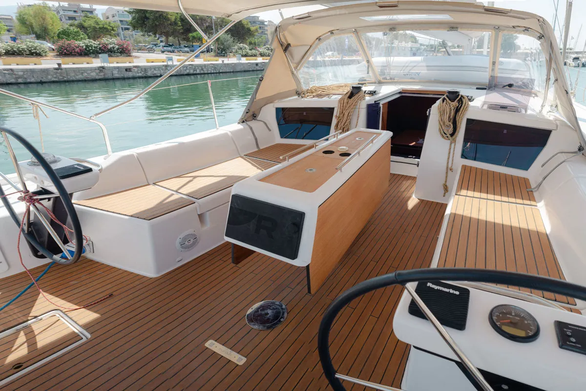 Cockpit of ARMONIA, a Dufour 430 sailboat at Skiathos, Greece