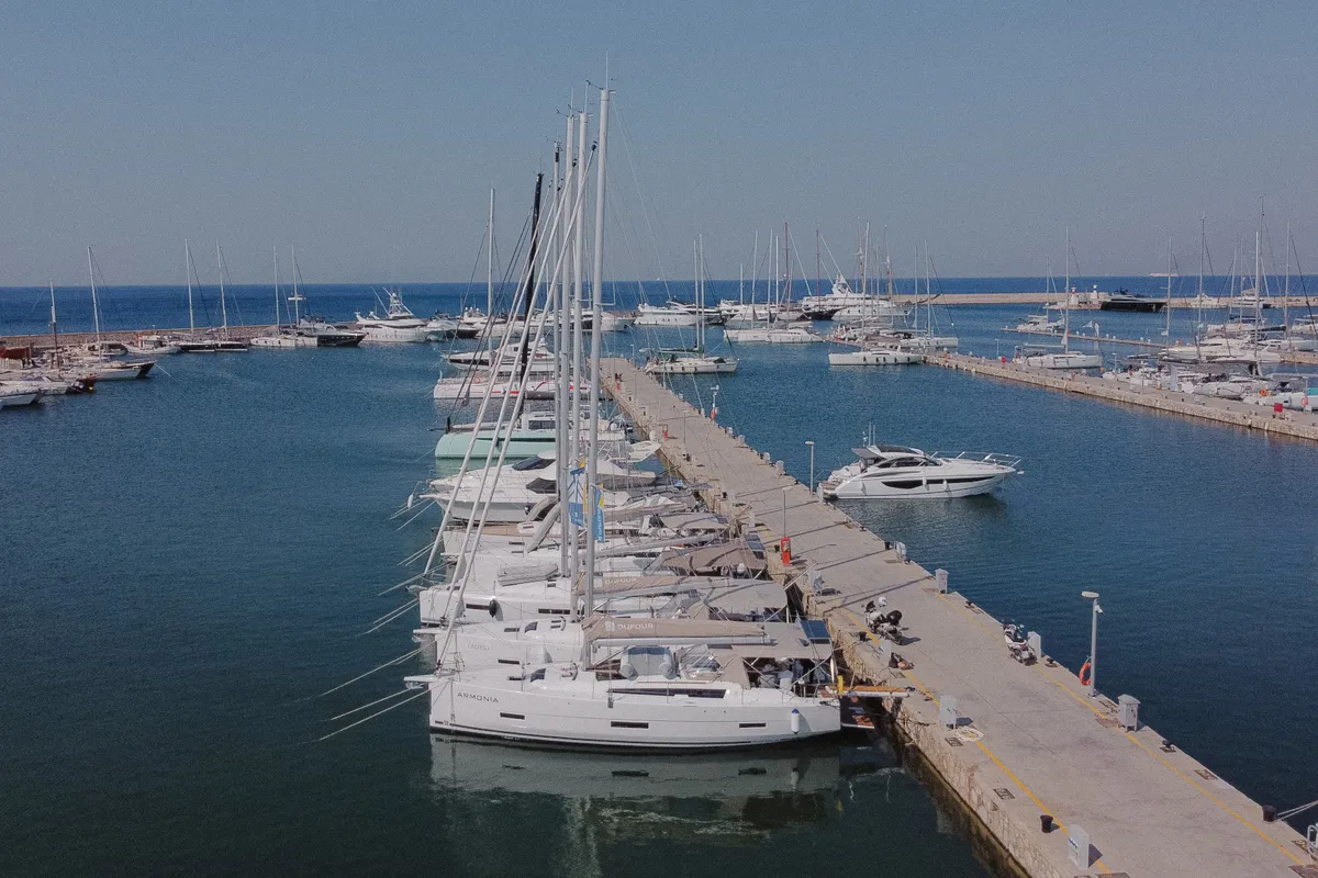 Exterior view of ARMONIA, a Dufour 430 sailboat at Skiathos, Greece