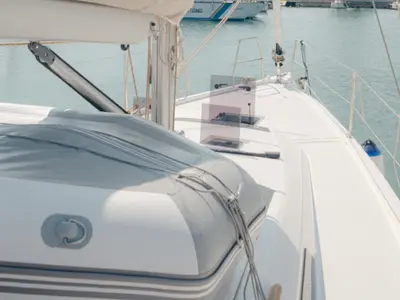 Deck of ARMONIA, a Dufour 430 sailboat at Skiathos, Greece