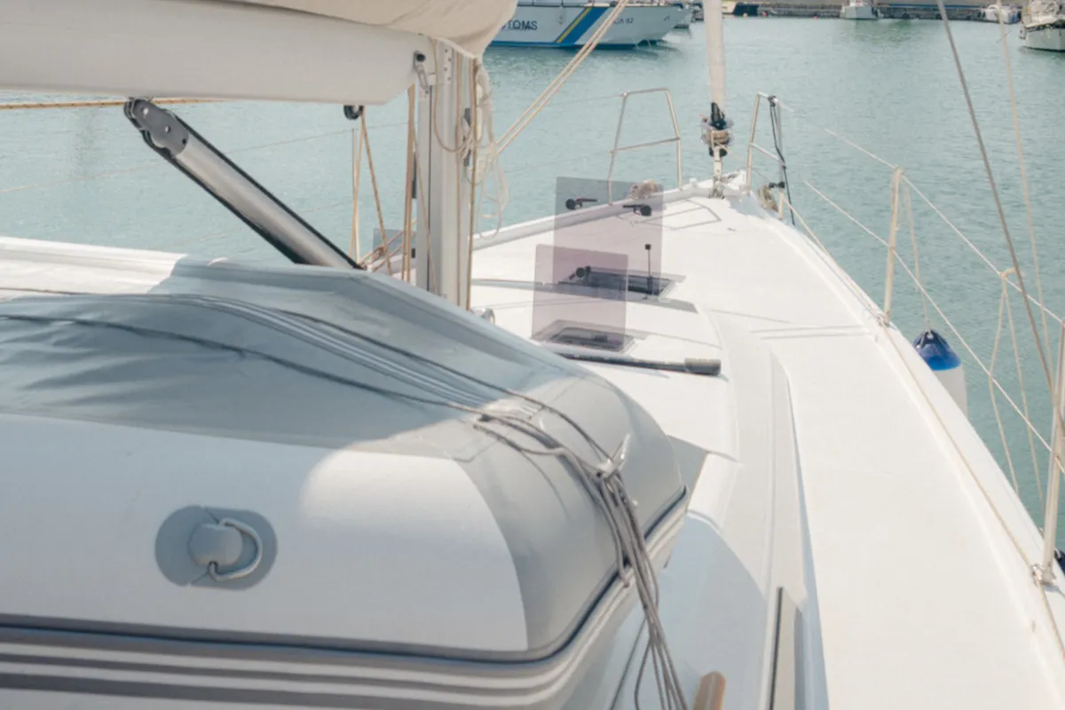 Deck of ARMONIA, a Dufour 430 sailboat at Skiathos, Greece