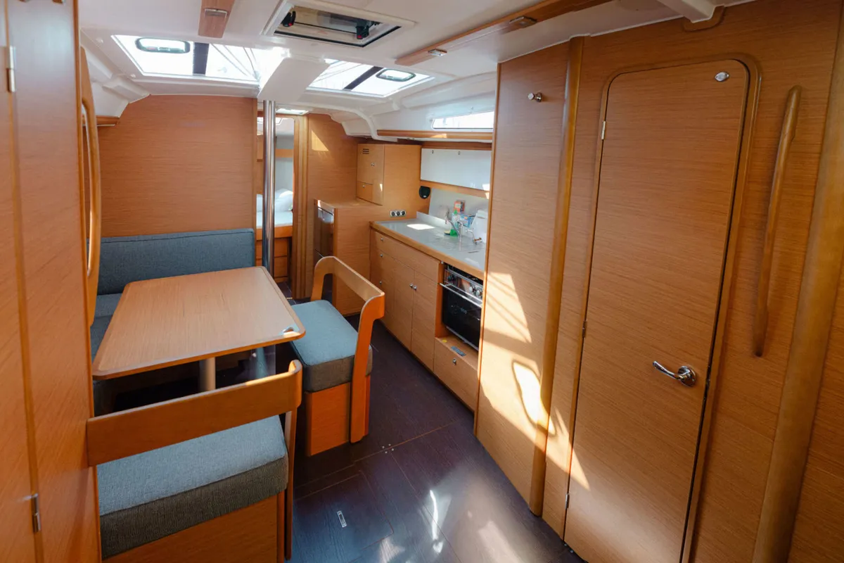 Salon of ARMONIA, a Dufour 430 sailboat at Skiathos, Greece