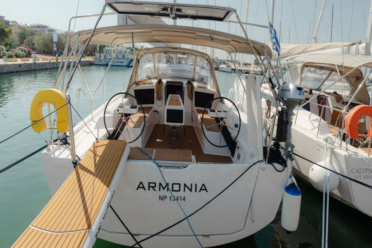 Exterior view of ARMONIA, a Dufour 430 sailboat at Skiathos, Greece