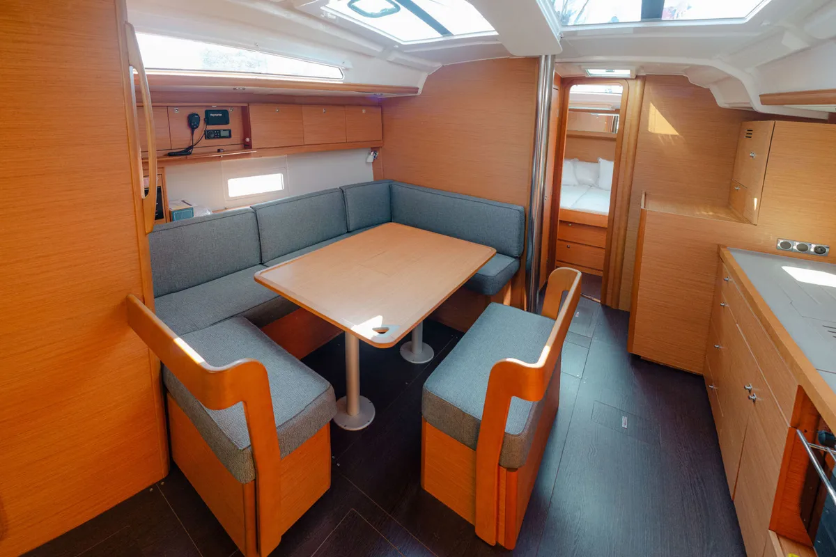 Salon of ARMONIA, a Dufour 430 sailboat at Skiathos, Greece