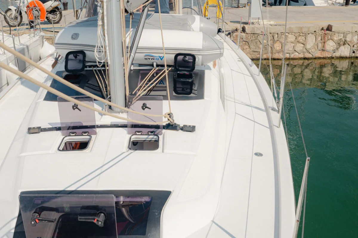 Deck of ARMONIA, a Dufour 430 sailboat at Skiathos, Greece