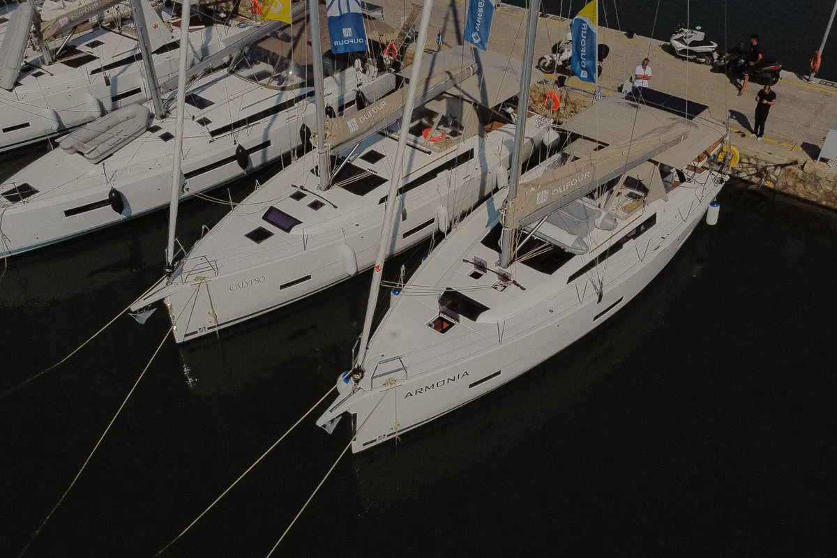 Exterior view of ARMONIA, a Dufour 430 sailboat at Skiathos, Greece