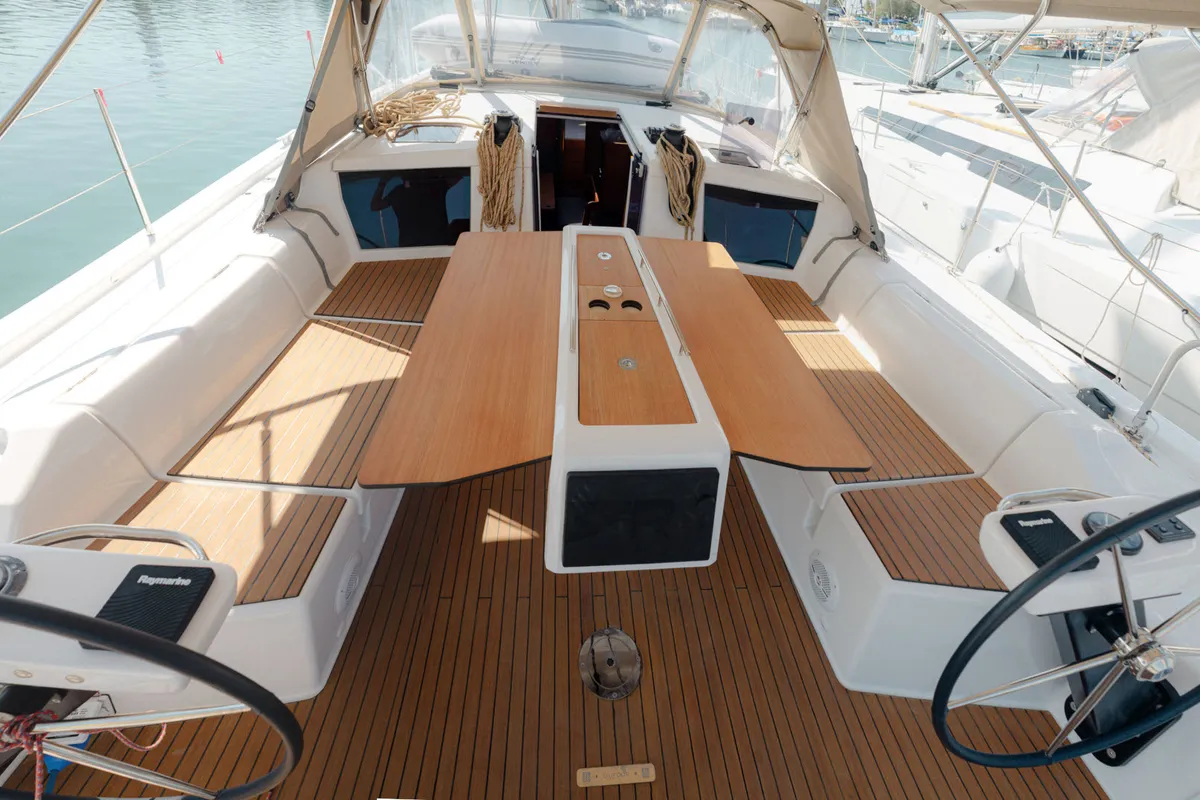 Cockpit of ARMONIA, a Dufour 430 sailboat at Skiathos, Greece