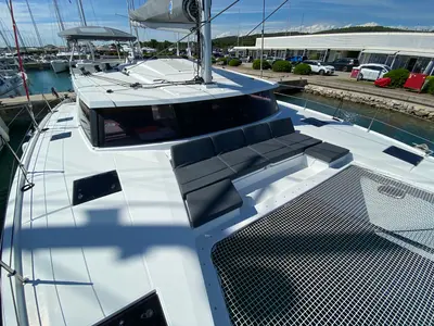 Deck of Vespera, a Fountaine Pajot Astréa 42 catamaran at Sukošan, Croatia
