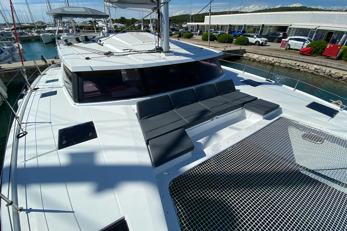 Deck of Vespera, a Fountaine Pajot Astréa 42 catamaran at Sukošan, Croatia