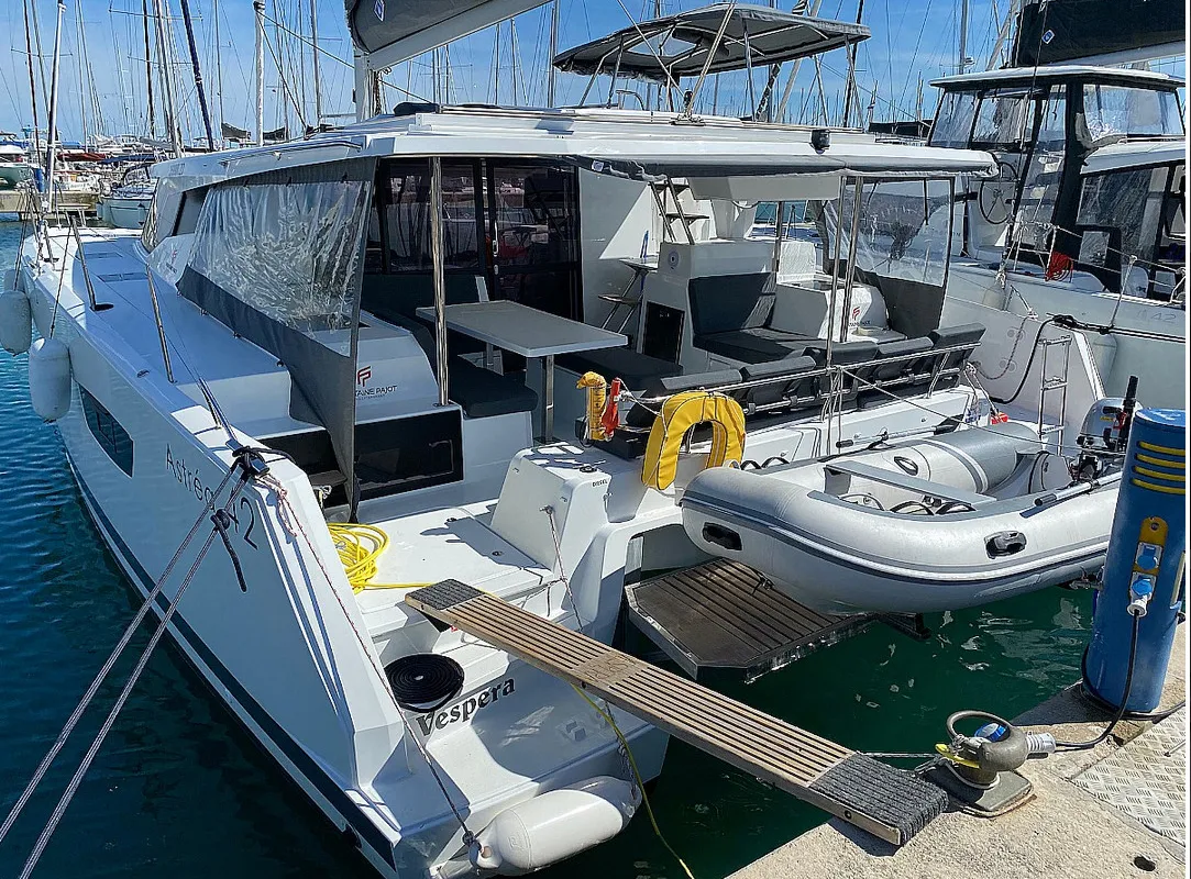 Exterior view of Vespera, a Fountaine Pajot Astréa 42 catamaran at Sukošan, Croatia