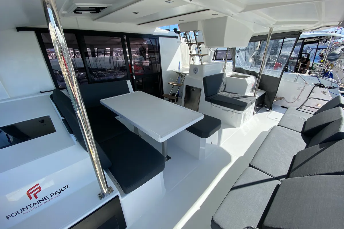 Deck of Vespera, a Fountaine Pajot Astréa 42 catamaran at Sukošan, Croatia