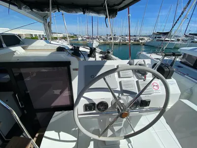 Cockpit of Vespera, a Fountaine Pajot Astréa 42 catamaran at Sukošan, Croatia