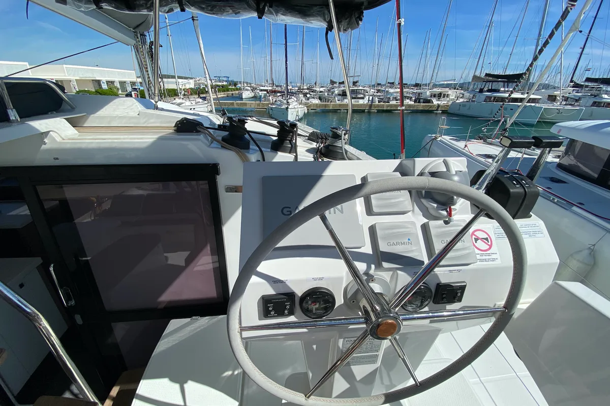 Cockpit of Vespera, a Fountaine Pajot Astréa 42 catamaran at Sukošan, Croatia
