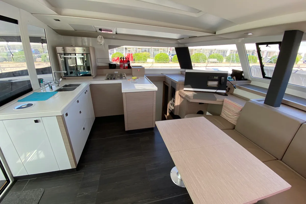 Salon of Vespera, a Fountaine Pajot Astréa 42 catamaran at Sukošan, Croatia