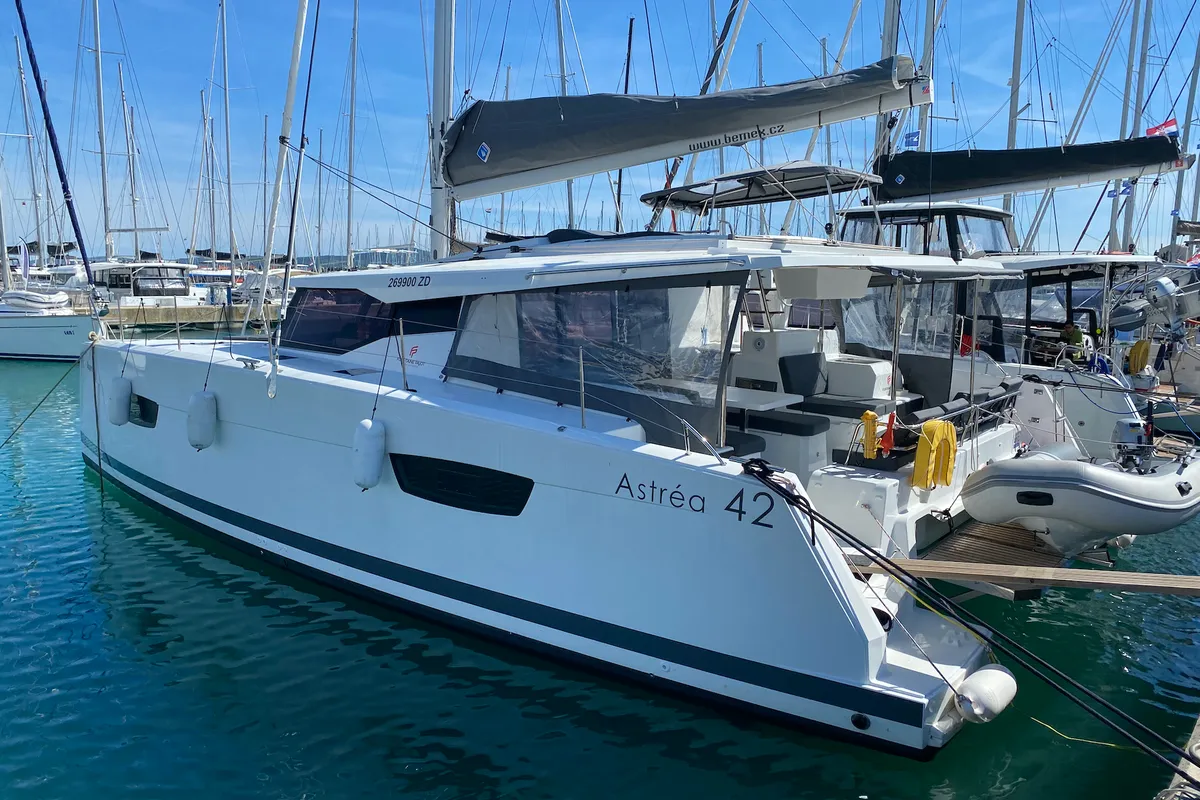 Exterior view of Vespera, a Fountaine Pajot Astréa 42 catamaran at Sukošan, Croatia