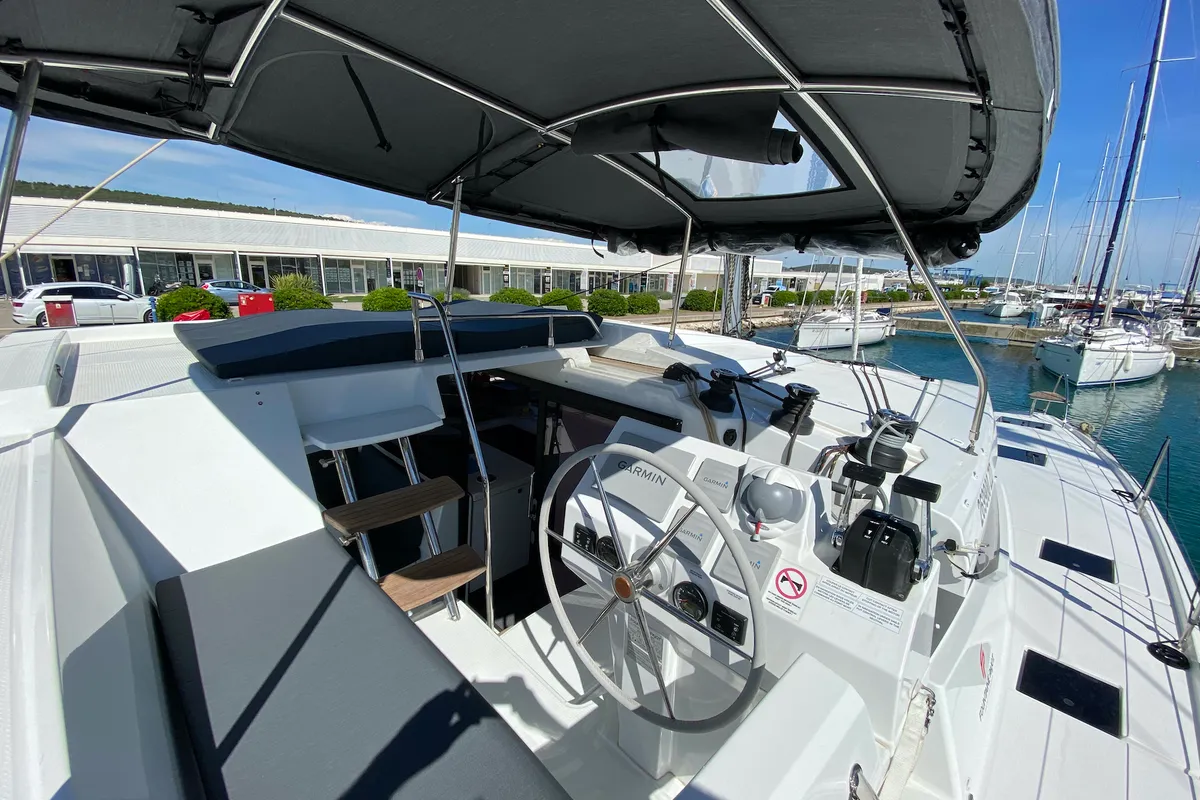 Cockpit of Vespera, a Fountaine Pajot Astréa 42 catamaran at Sukošan, Croatia