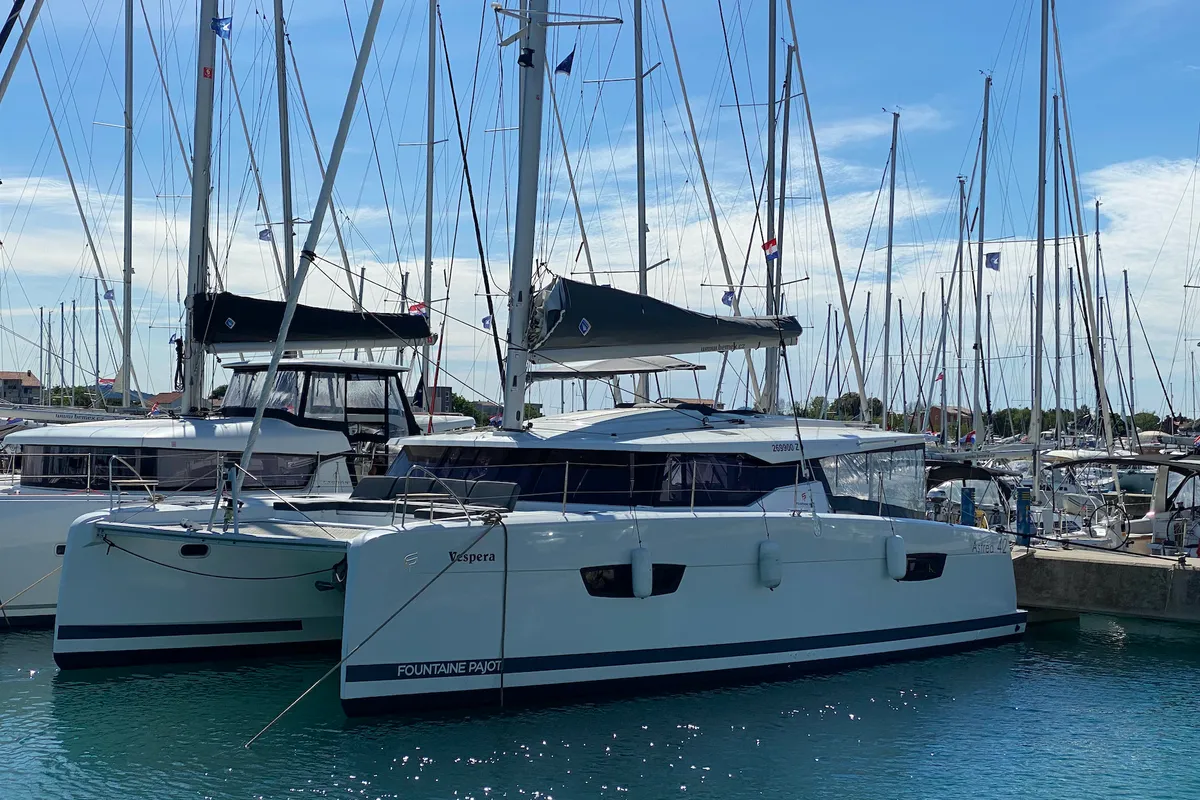 Exterior view of Vespera, a Fountaine Pajot Astréa 42 catamaran at Sukošan, Croatia