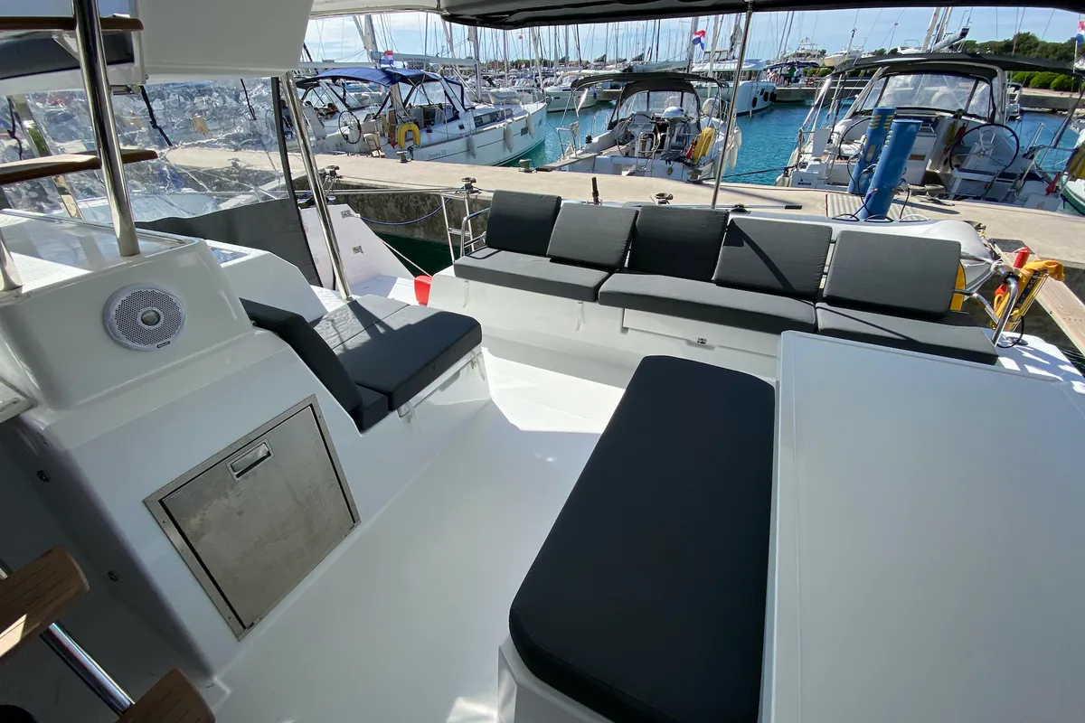 Deck of Vespera, a Fountaine Pajot Astréa 42 catamaran at Sukošan, Croatia