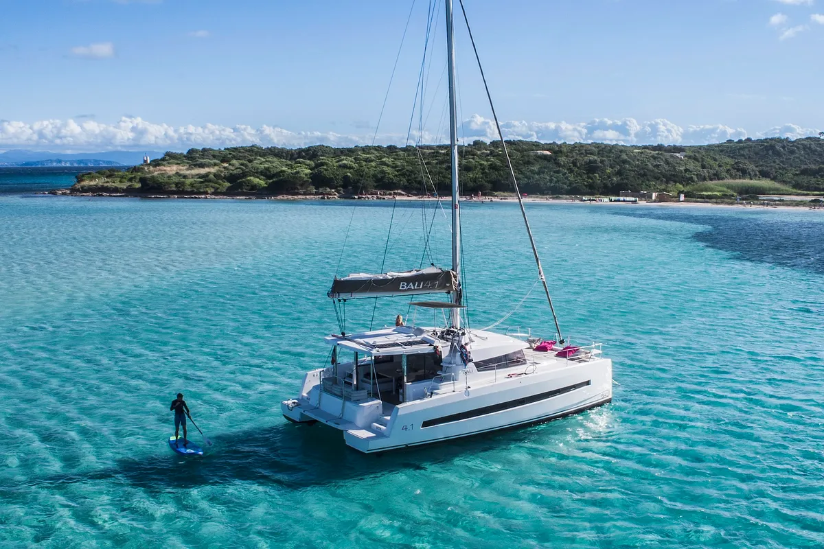 Exterior view of Zeus, a Bali 4.1 catamaran at Athens, Greece