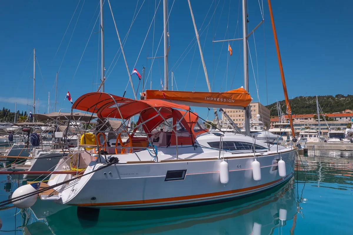 Exterior view of Happy, a Elan Impression 40 sailboat at Split, Croatia