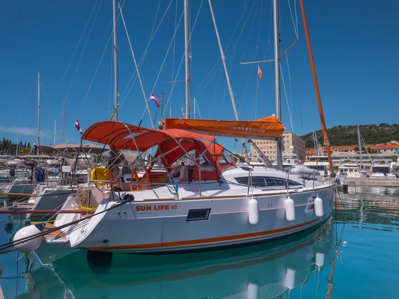 Exterior view of Happy, a Elan Impression 40 sailboat at Split, Croatia