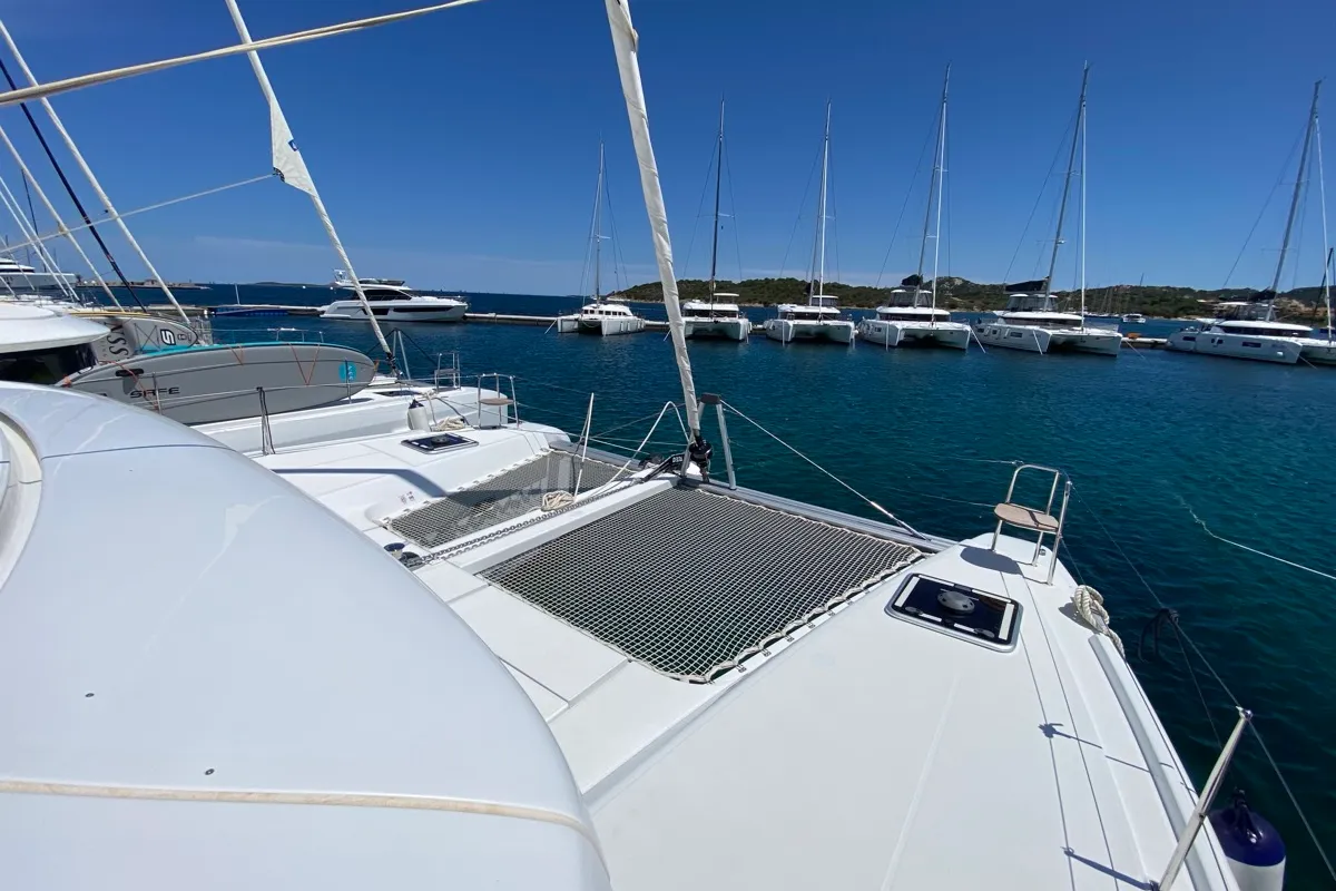 Deck of Bollicina, a Lagoon 42 catamaran at Olbia, Italy